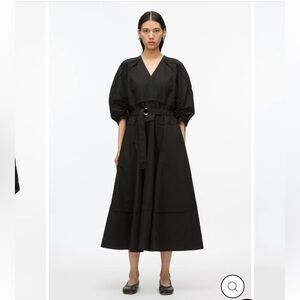 3.1 Phillip Lim Black Cinched V-Neck Dress with Gathered Sleeves